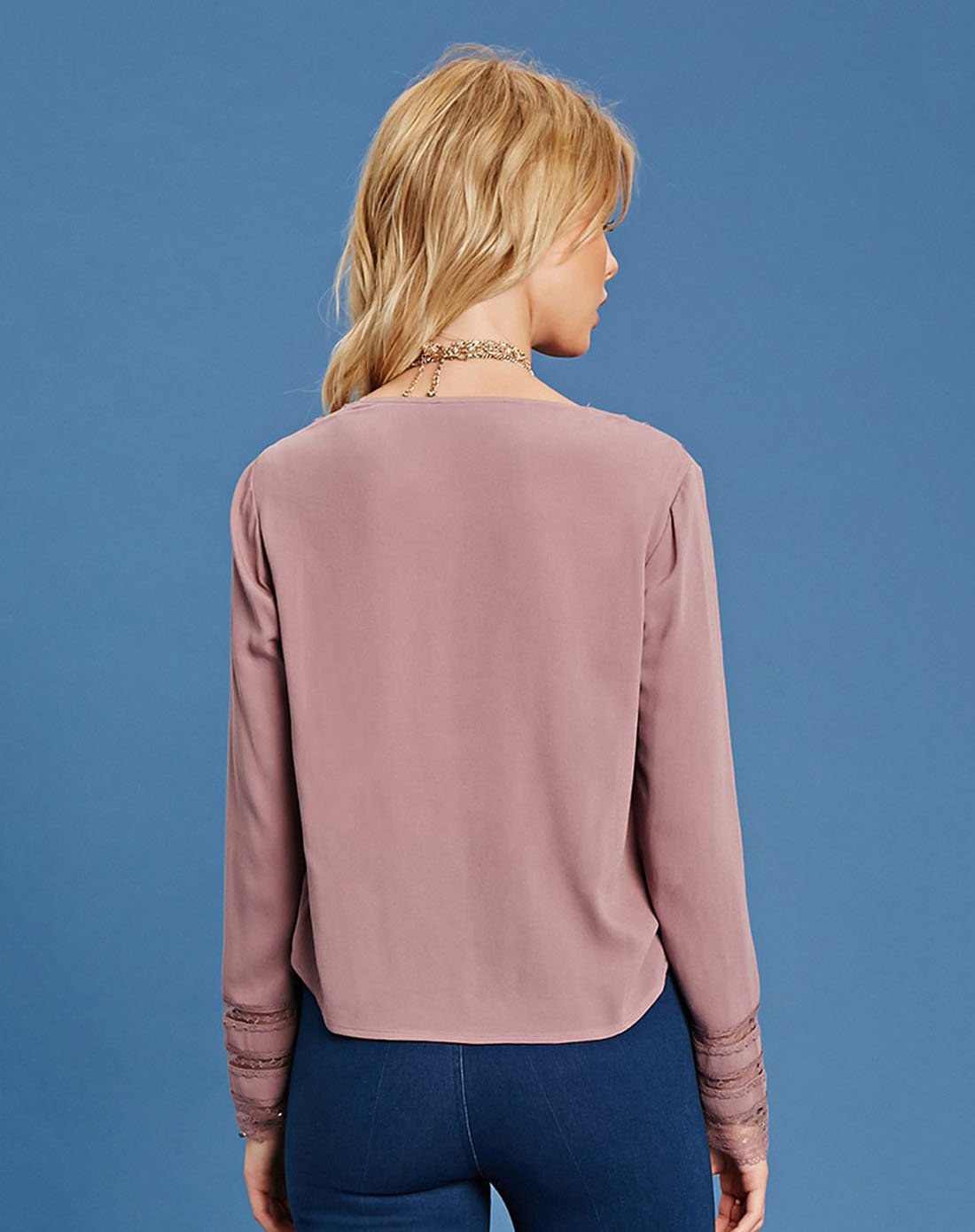 优雅蕾丝拼接斜门襟长袖衫薰衣草色