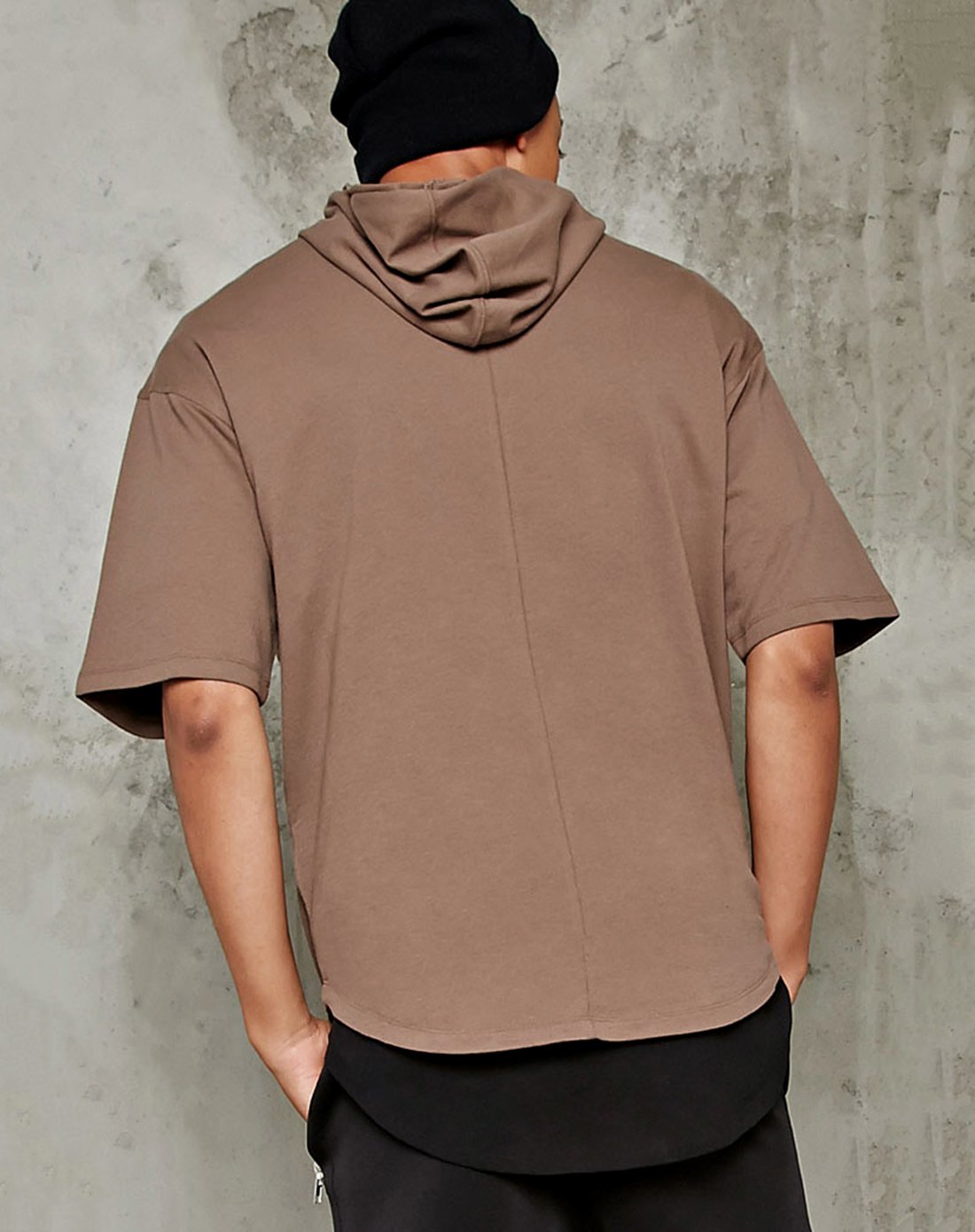 男士全棉直筒短袖连帽卫衣灰褐色