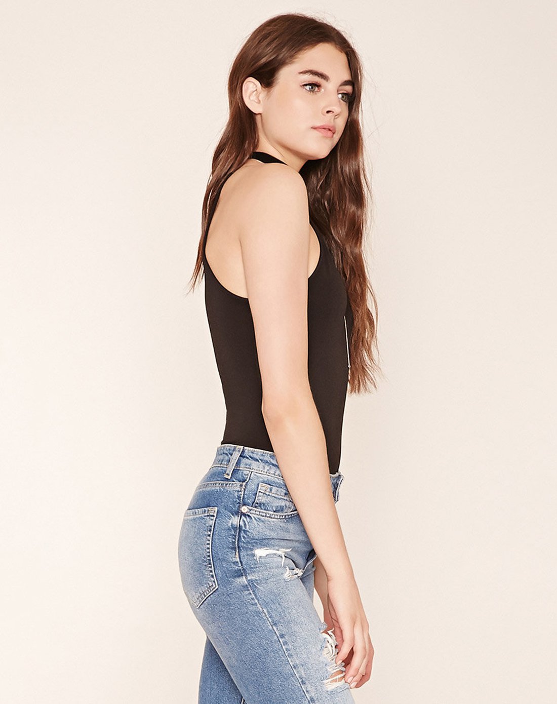 百搭方领无袖紧身连体衣黑色