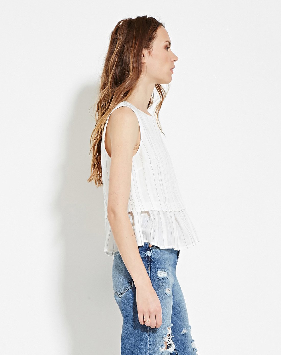 暗纹条纹层次宽松无袖衫乳白色