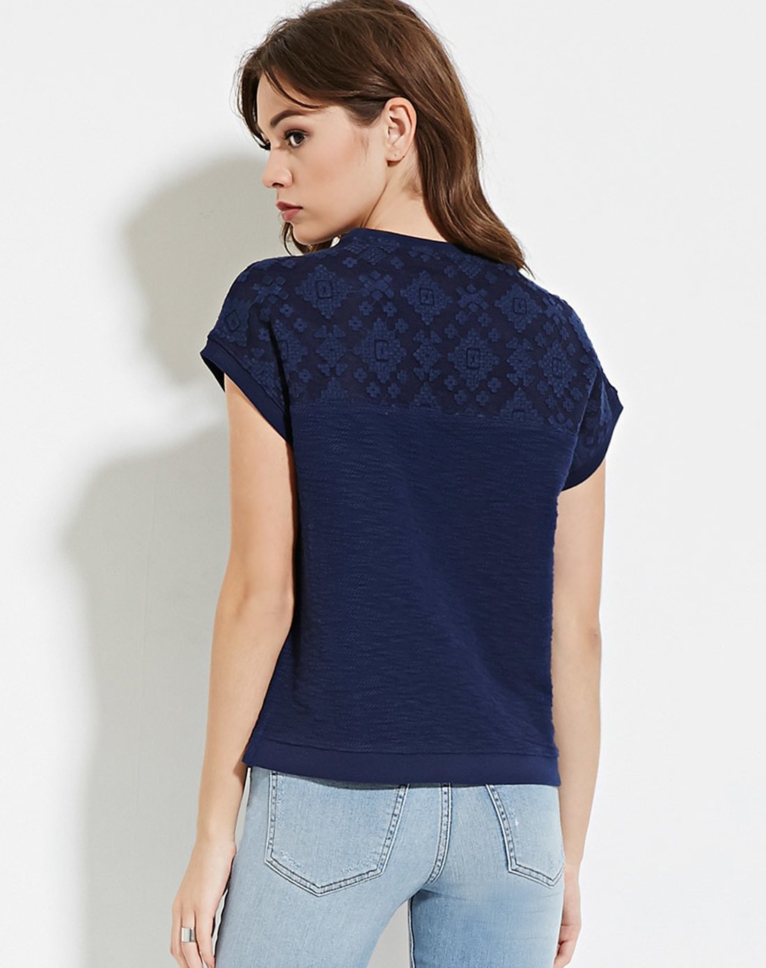 宽松几何暗纹全棉半袖t恤藏青色