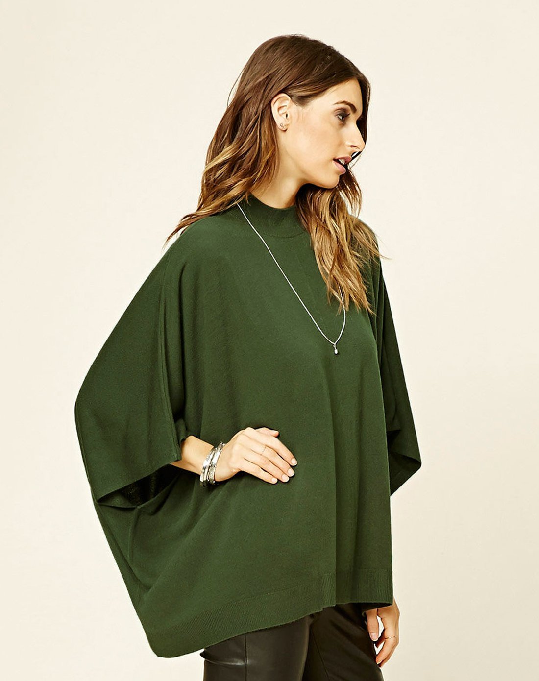 宽松小高领蝙蝠袖针织衫森林绿