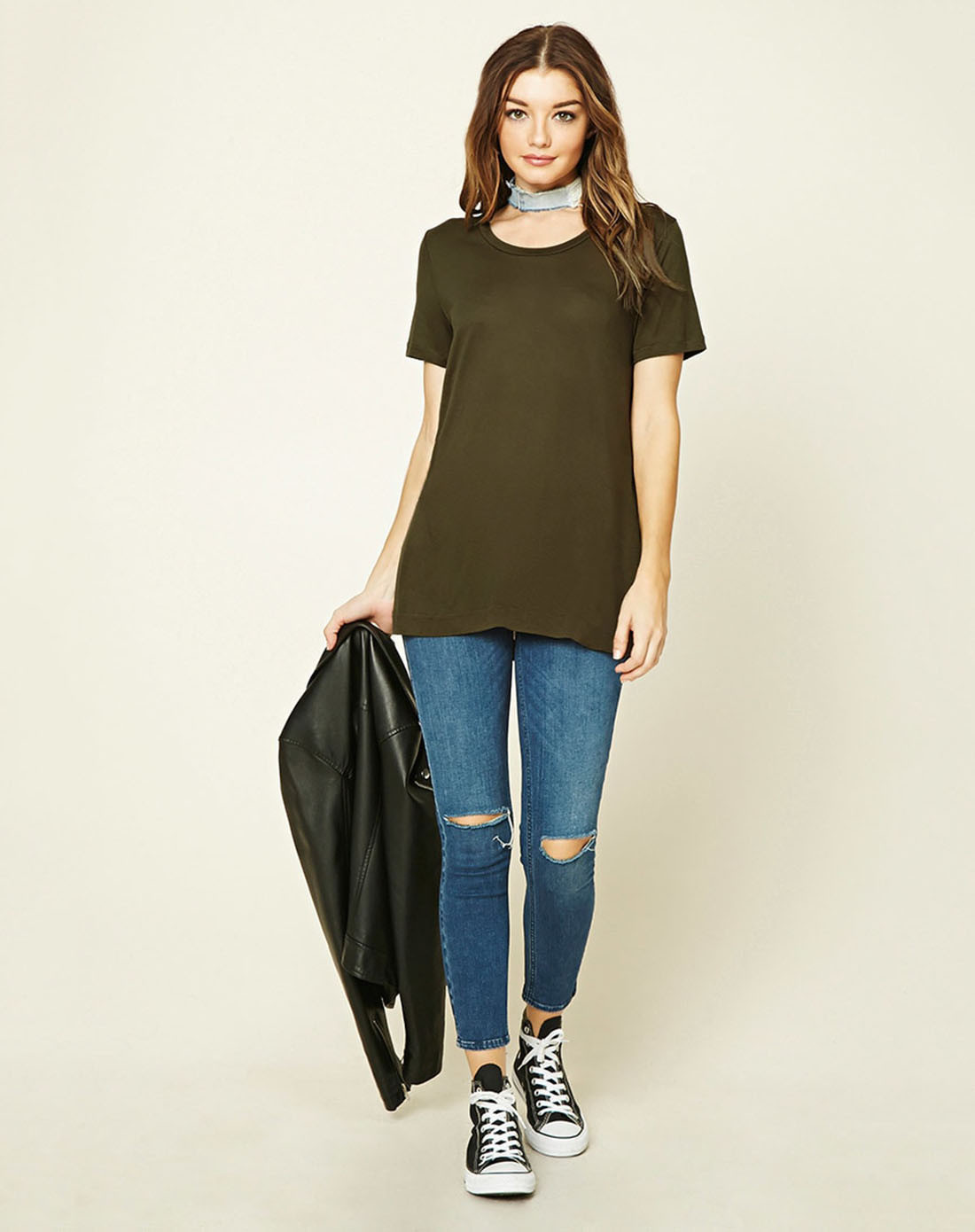 百搭款宽松纯色短袖t恤橄榄色