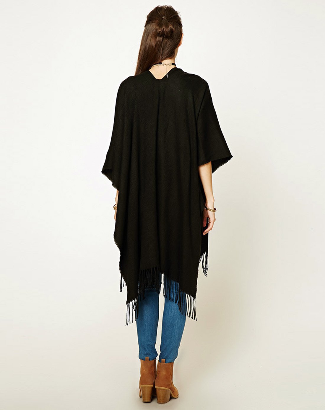 纯色简约流苏斗篷披肩黑色
