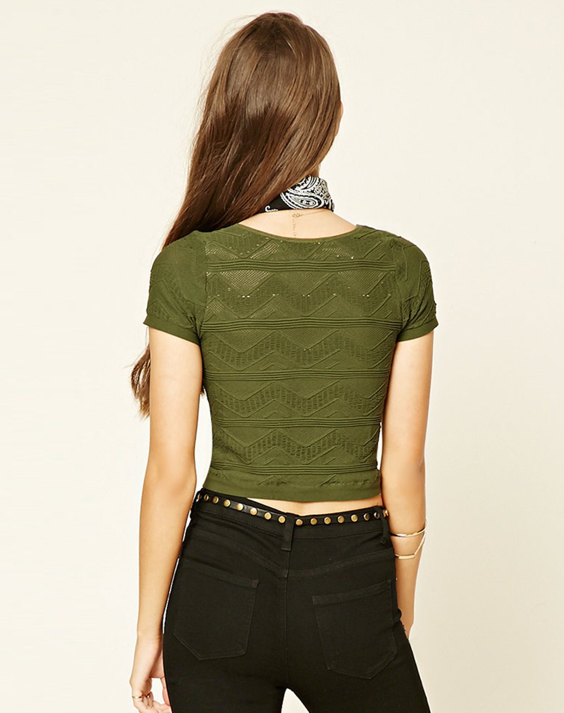 百搭波浪纹短袖露脐t恤橄榄色