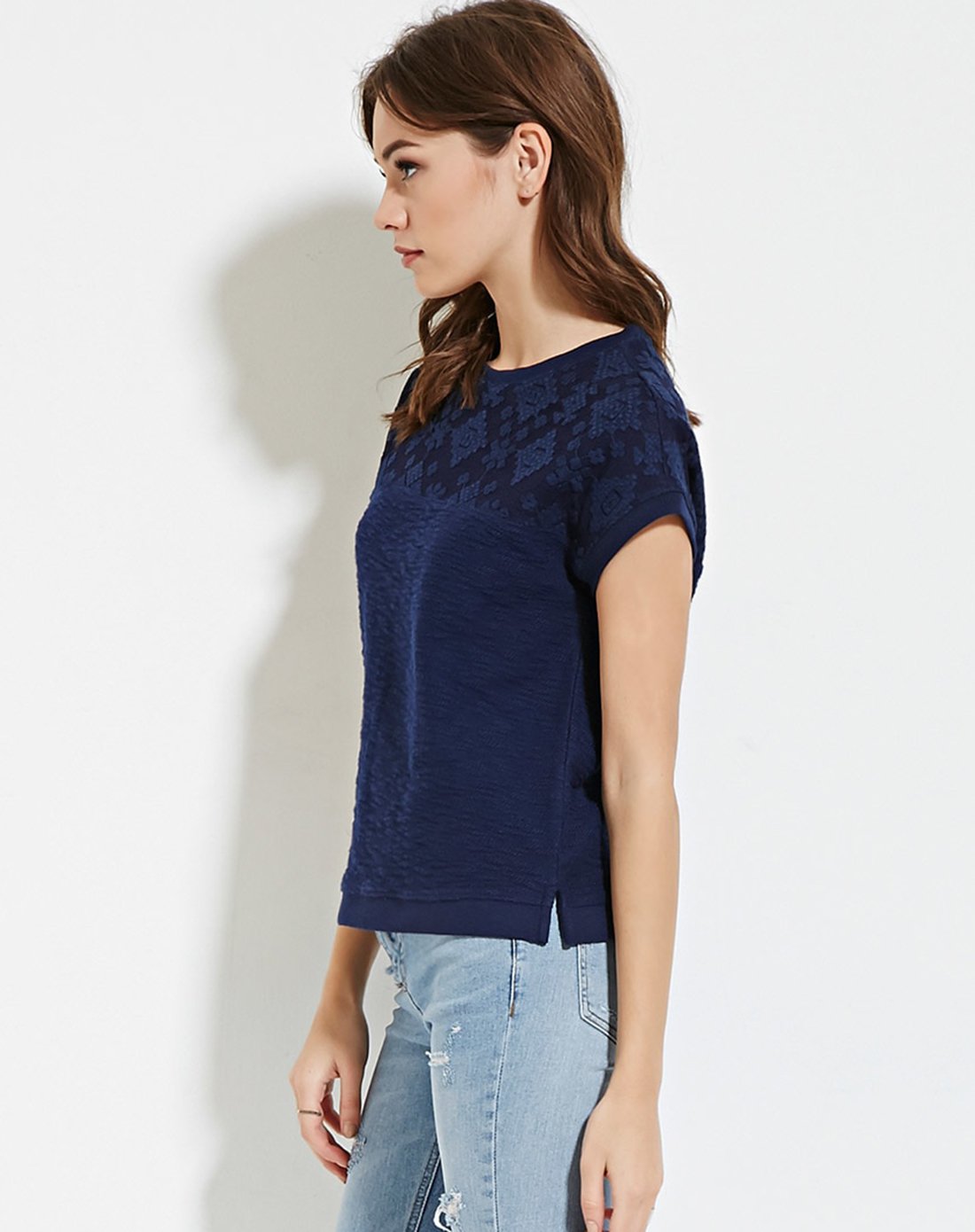 日-时尚上装专场宽松几何暗纹全棉半袖t恤藏青色00185067-04_唯品会