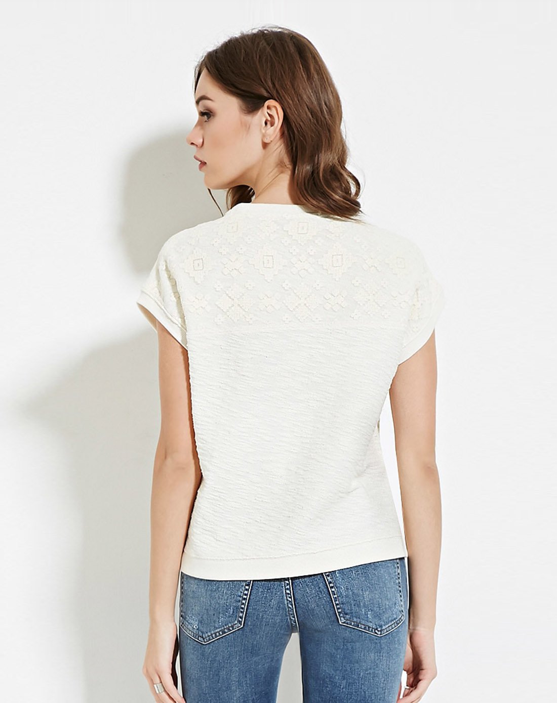 宽松几何暗纹全棉半袖t恤奶油色