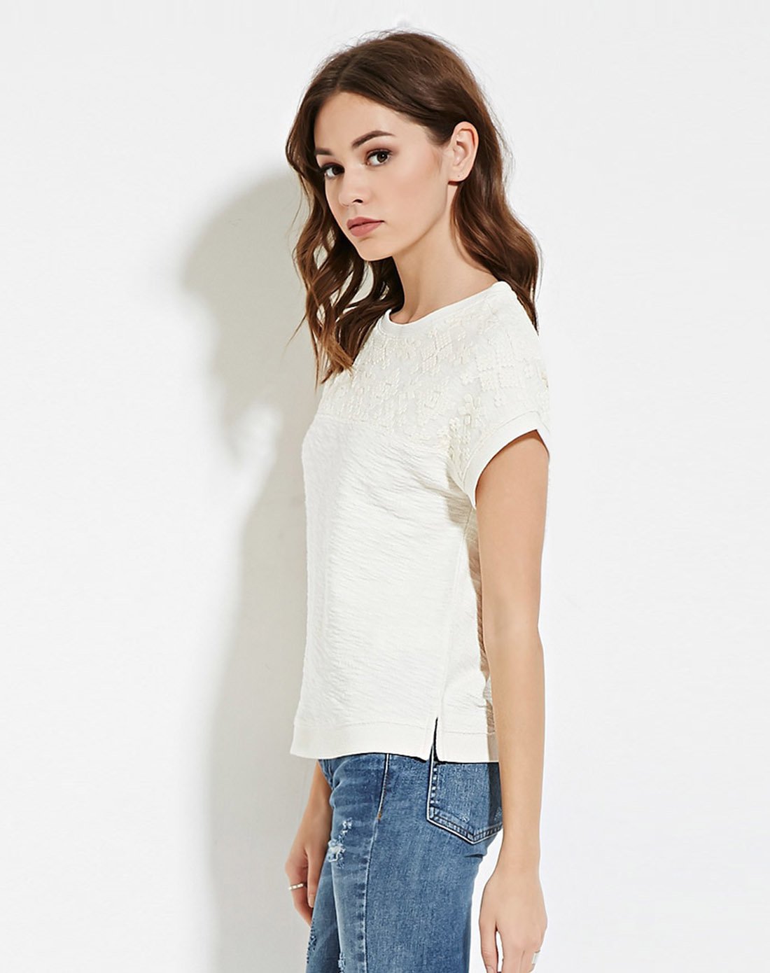 日-时尚上装专场宽松几何暗纹全棉半袖t恤奶油色00185067-03_唯品会