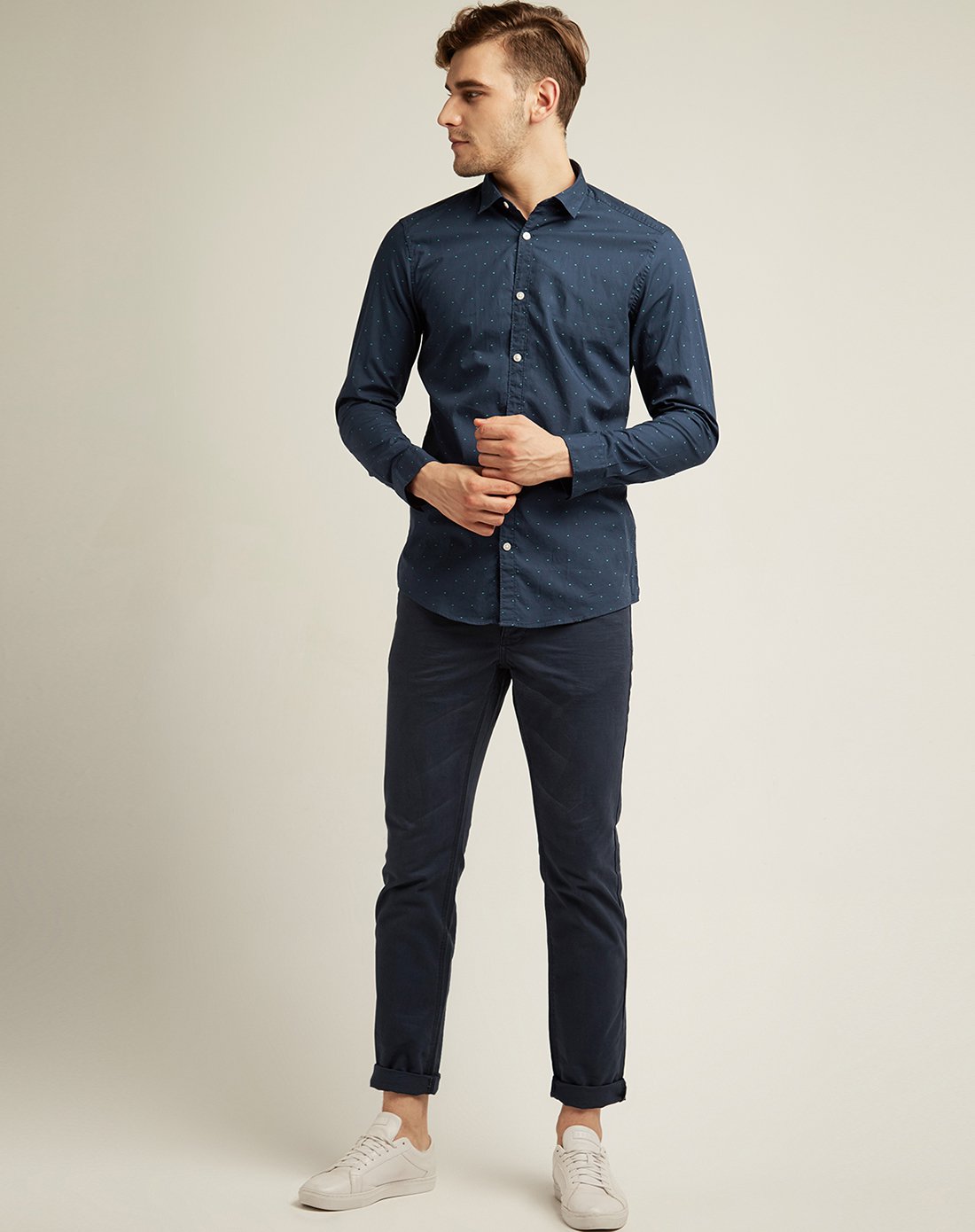 男士全棉波点印花长袖衬衫