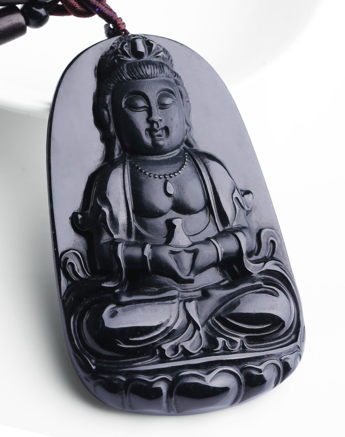 一品翠 天然翡翠a货精工墨翠莲花观音牌