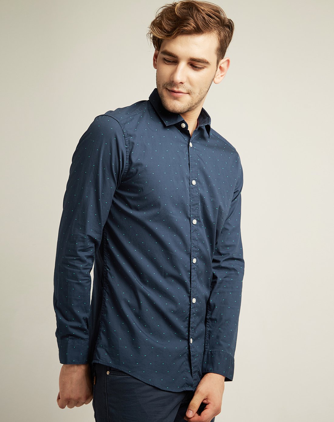 男士全棉波点印花长袖衬衫