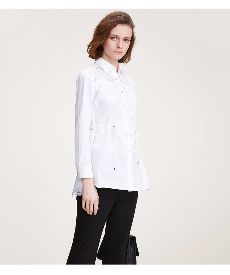 舒朗 镂空透气抽绳收腰棉质衬衫