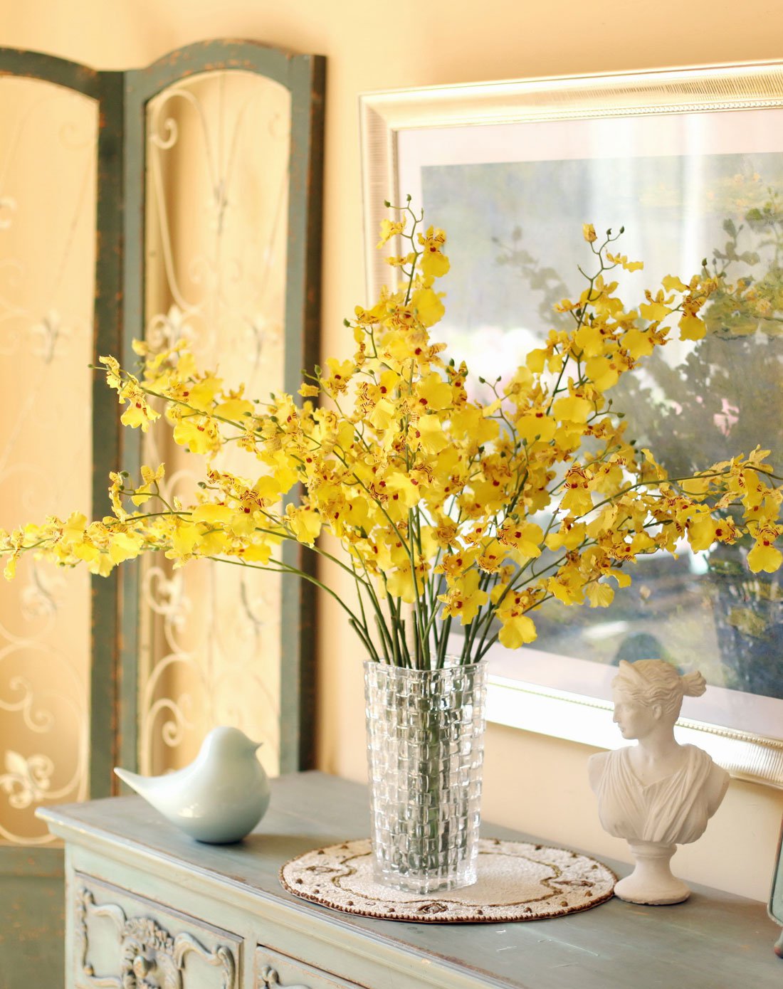 鱼西美屋 浪漫优雅的跳舞兰仿真花套装 创意编织玻璃花瓶客厅插花艺假