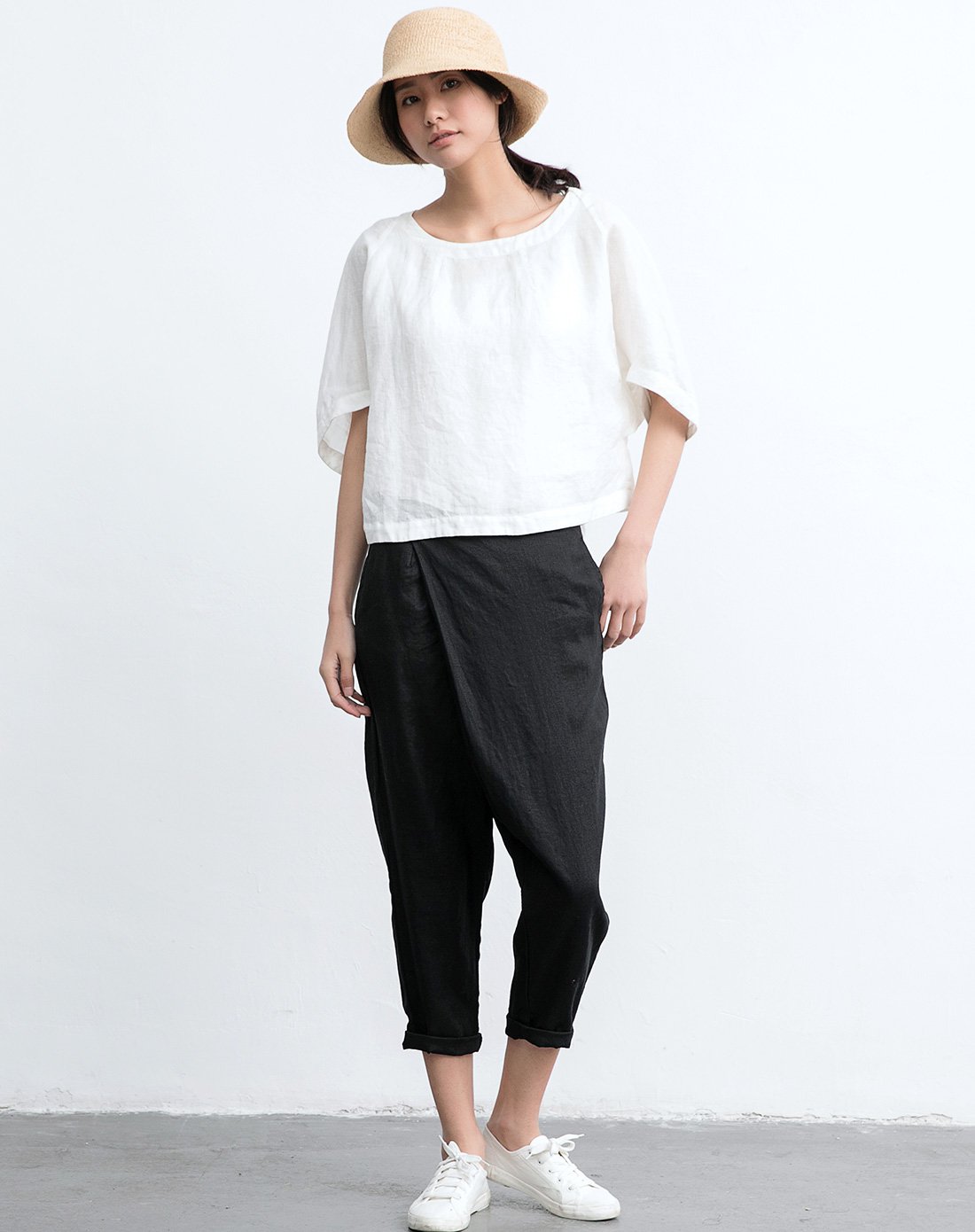 休闲宽松亚麻九分裤黑色