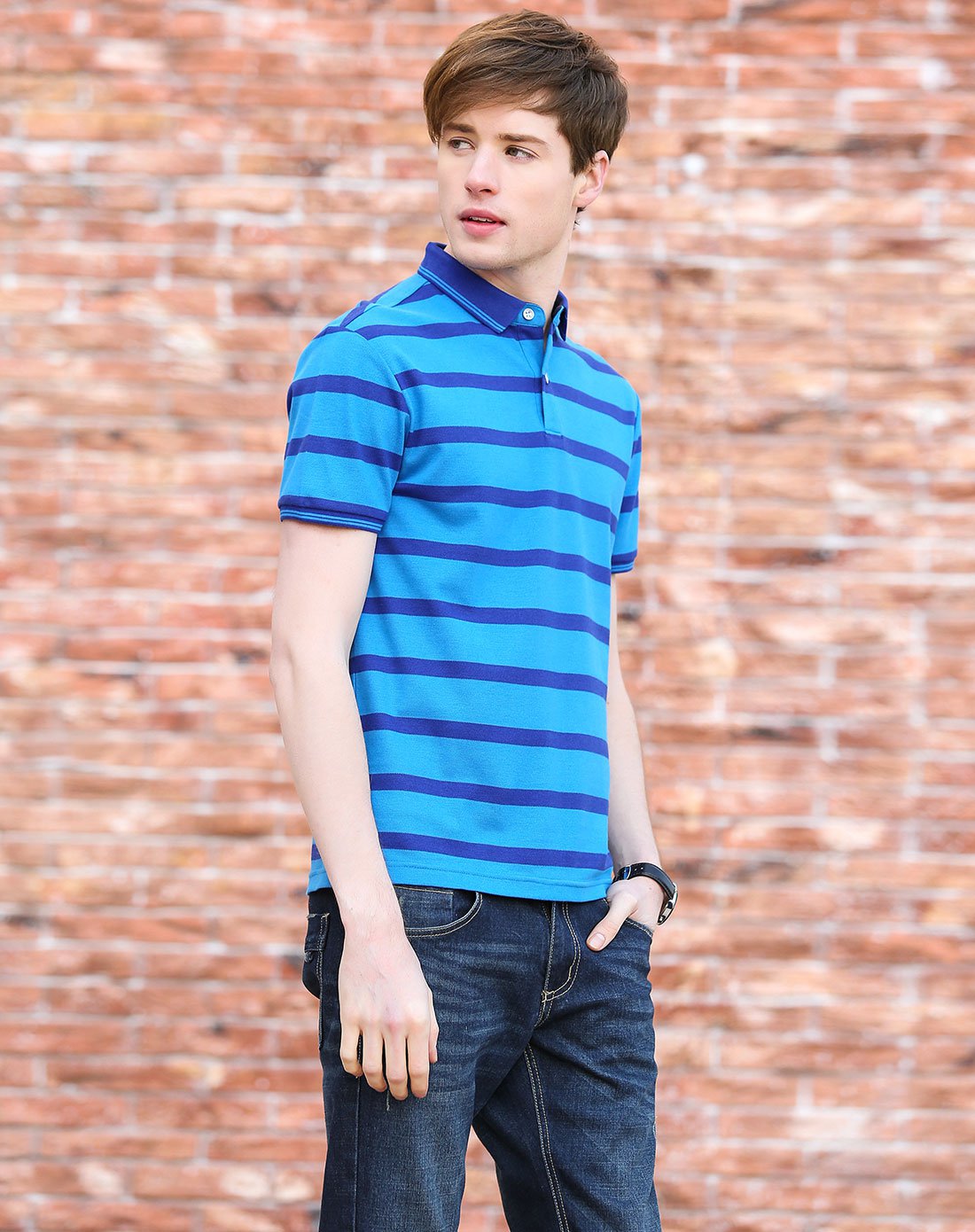 经典微弹条纹立领polo衫