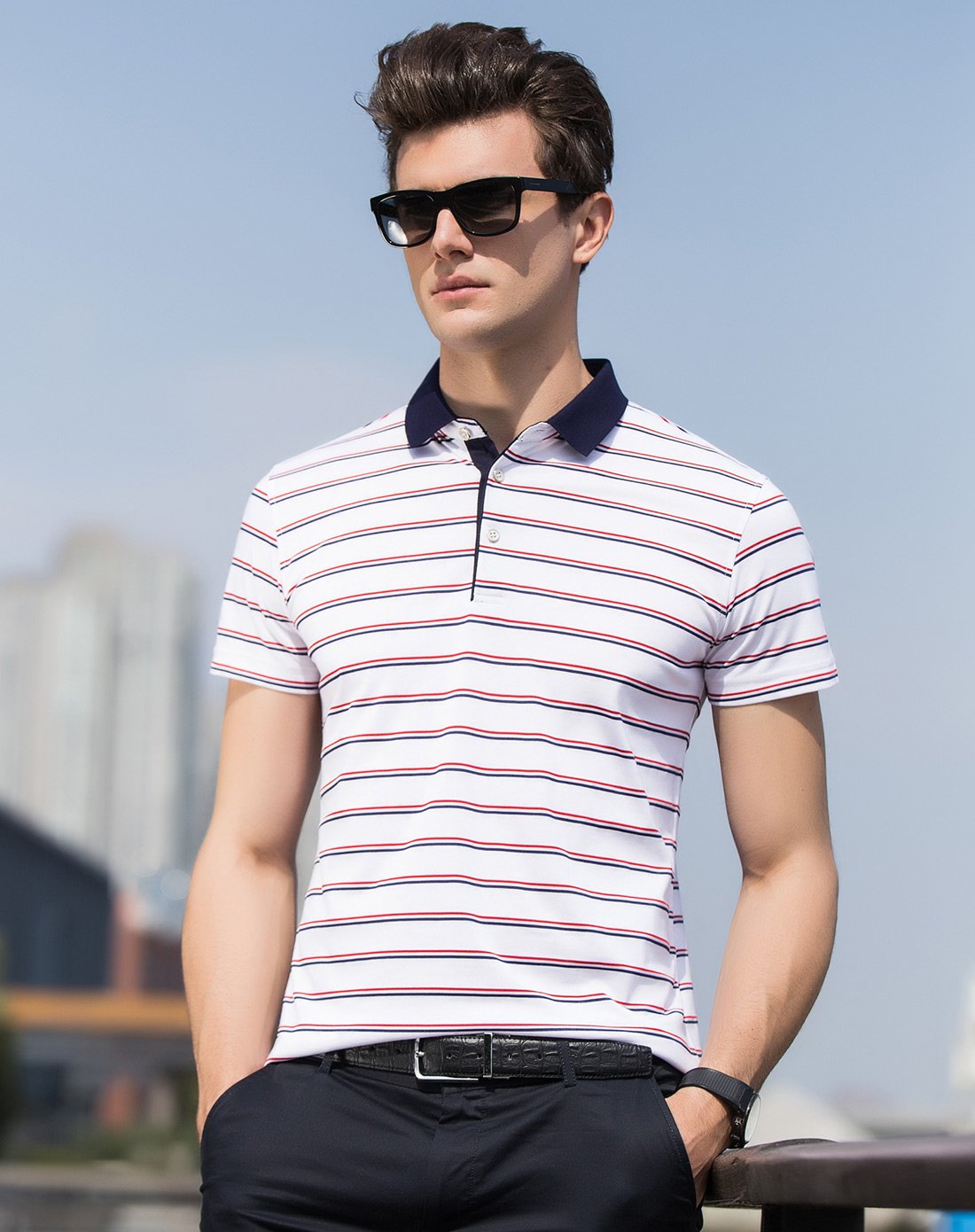 男士商务休闲青年短袖条纹翻领t恤兰色