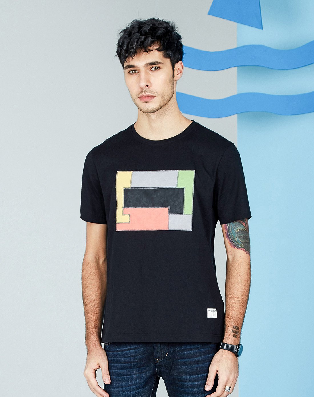 纳维凯尔navigare纯棉修身潮流拼接圆领t恤黑a5255007979_唯品会