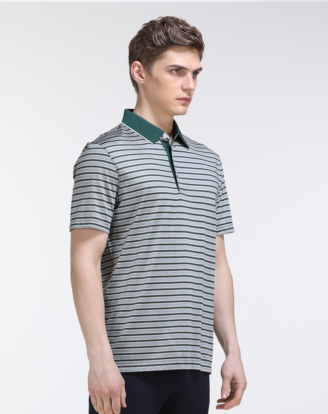 卡丹路翻领条纹短袖t恤墨绿