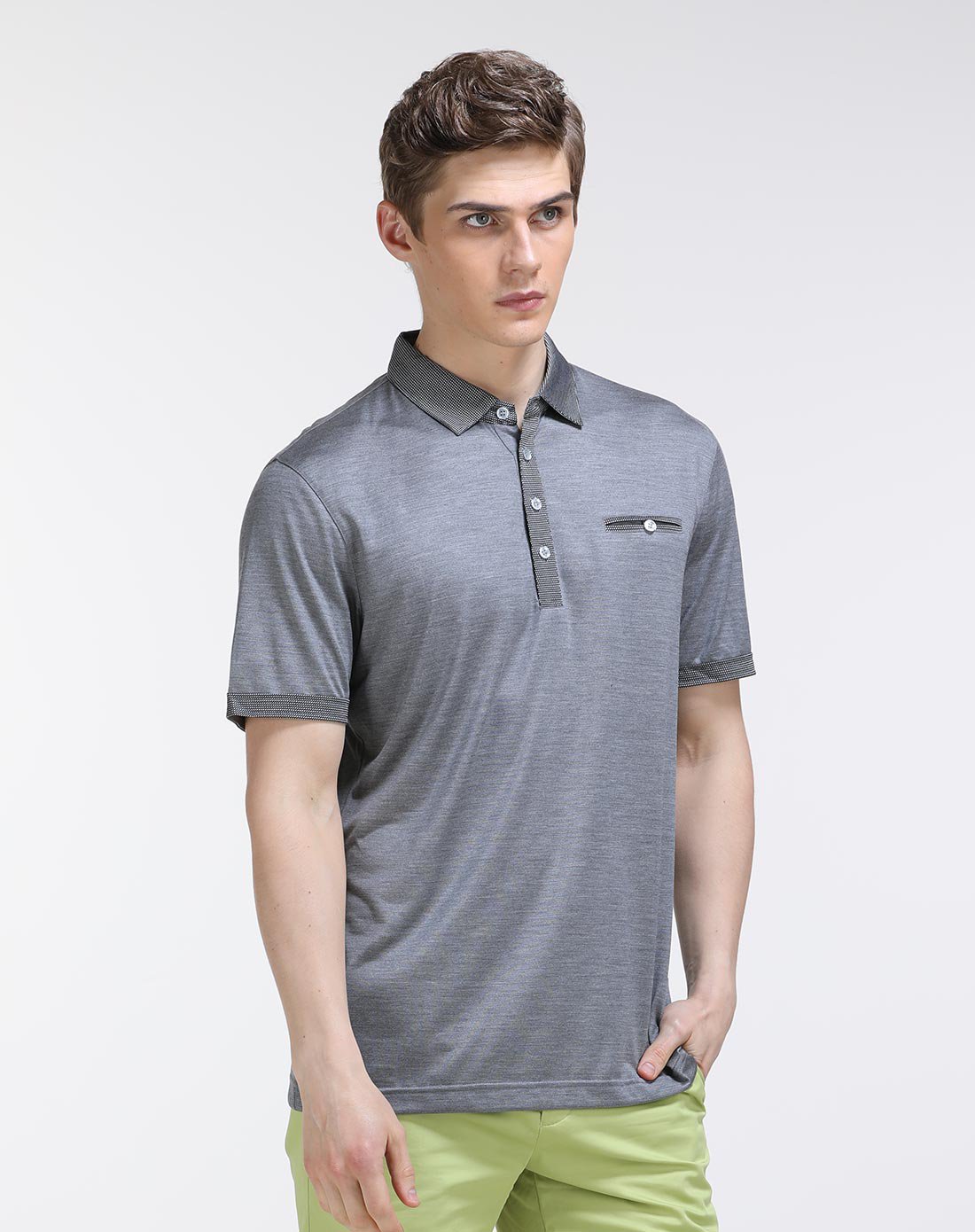 卡丹路100%桑蚕丝翻领短袖polo灰色