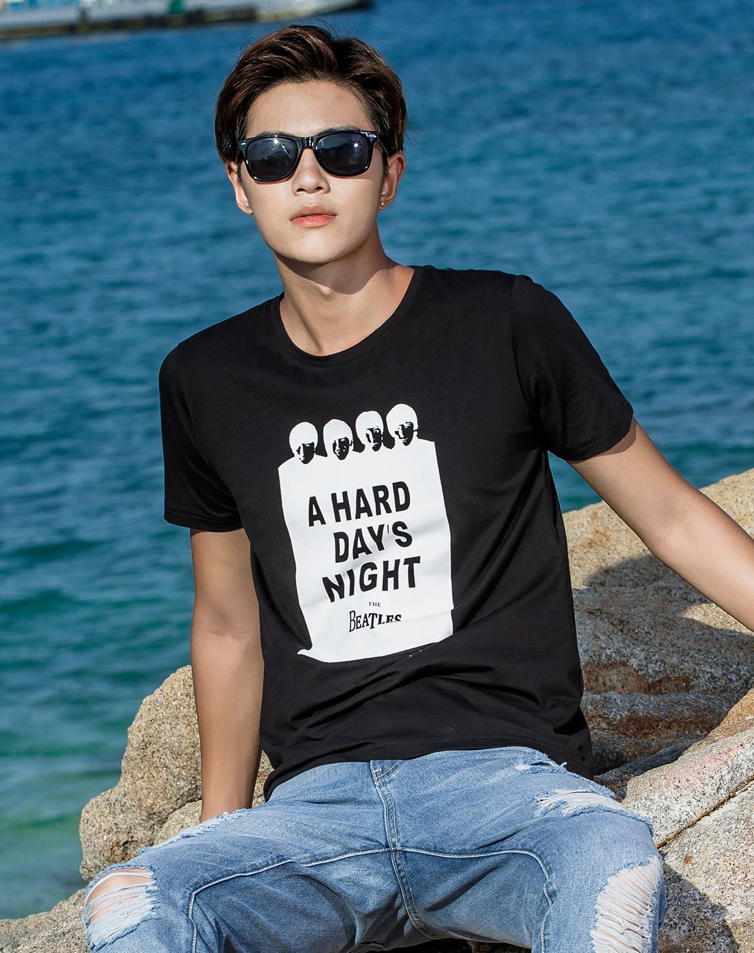 男款时尚潮流百搭印花图案修身圆领短袖t恤黑色