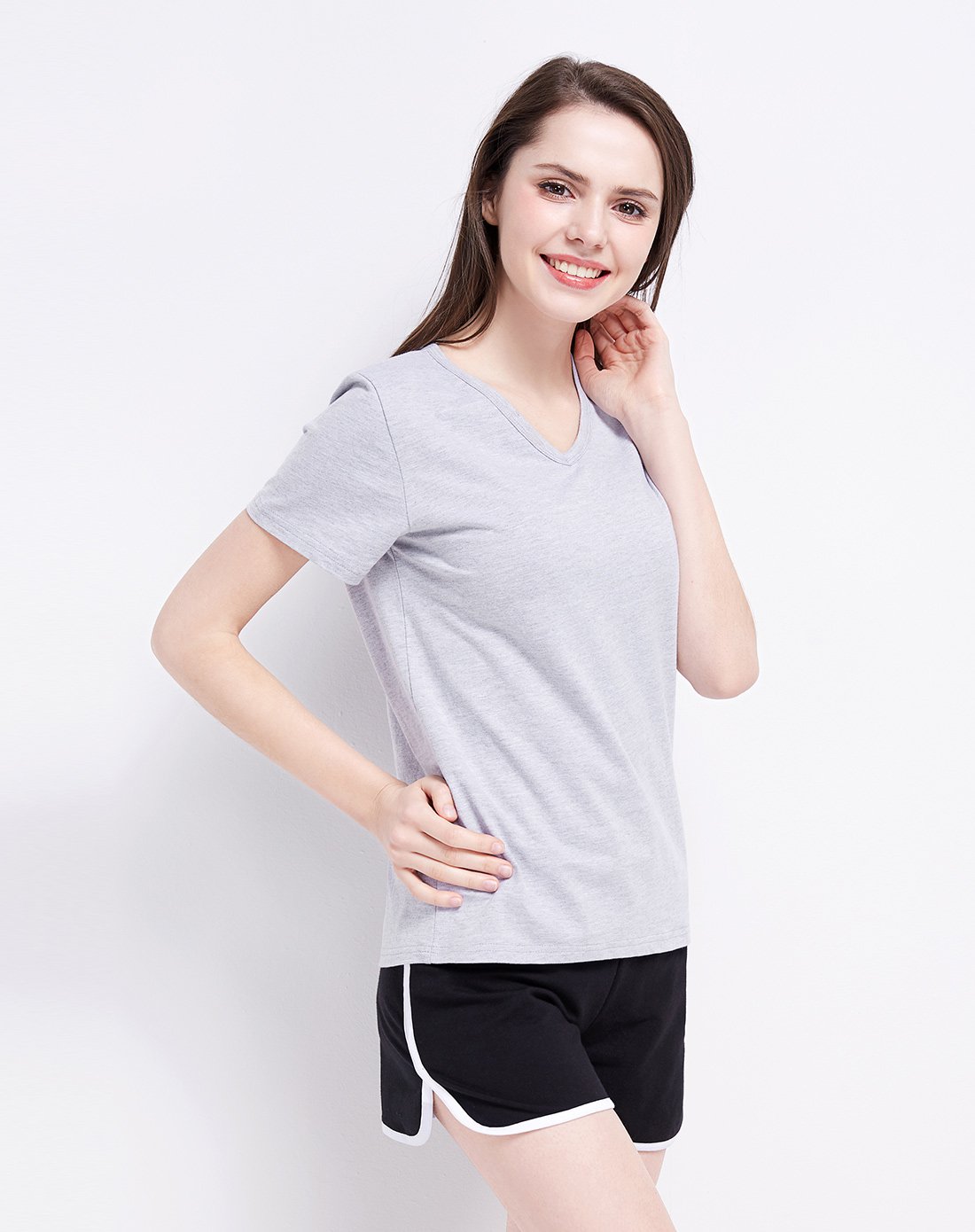 t恤女式透气全棉v领t恤麻灰色