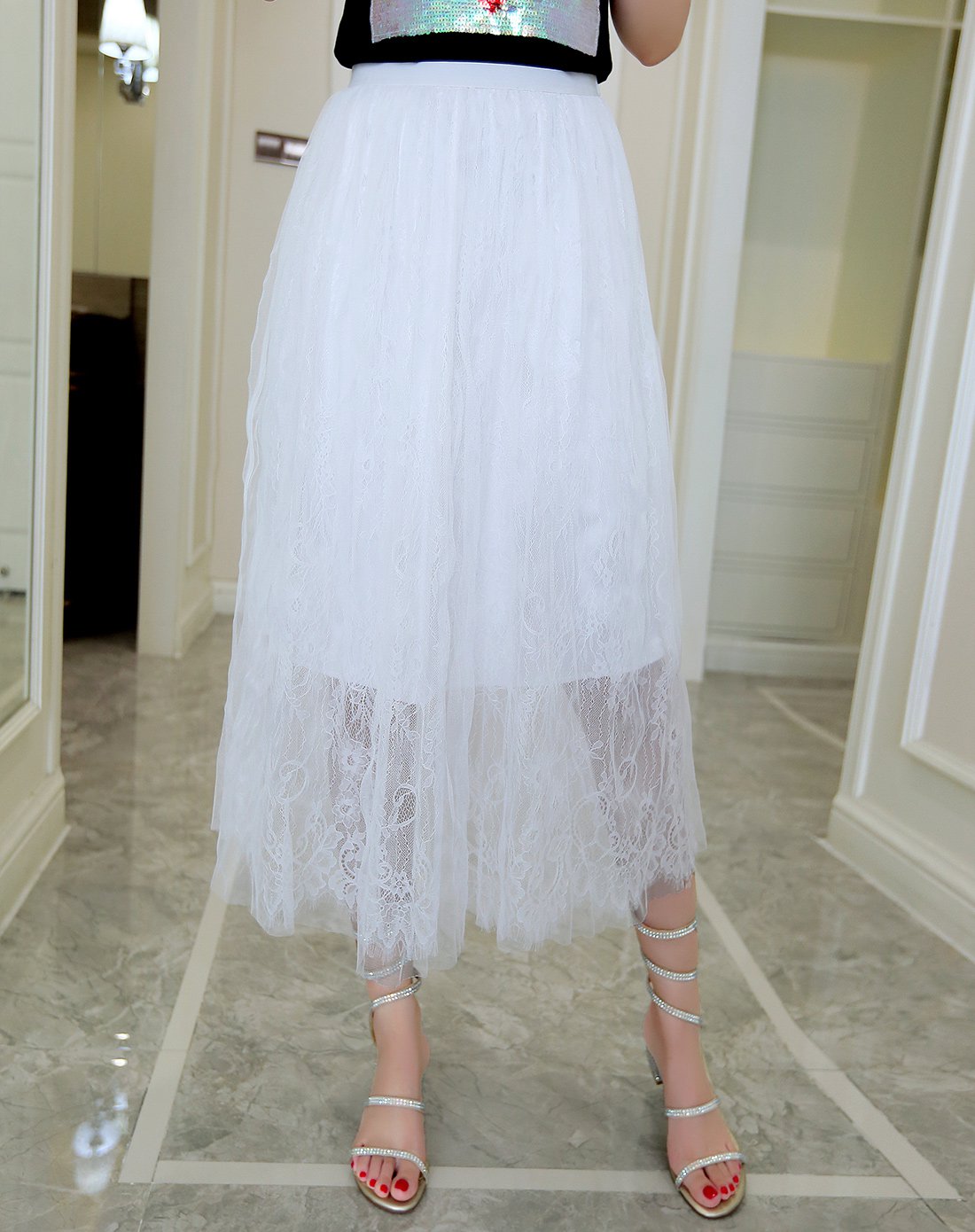 复古纯色薄纱半身裙