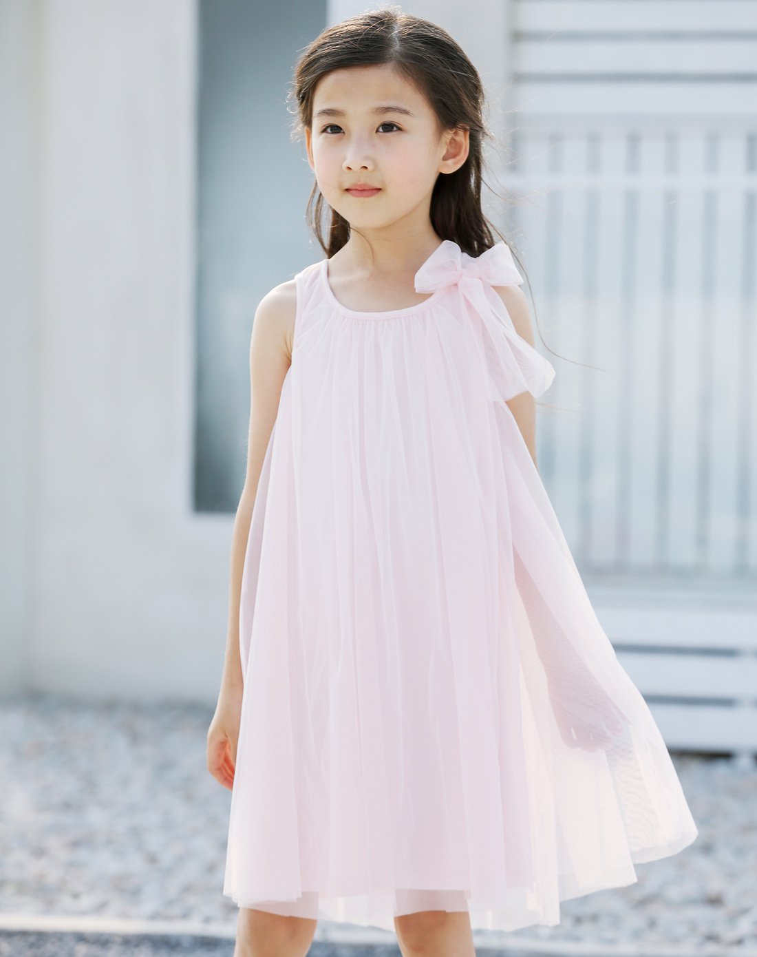 女童纯色无袖a字裙可爱网纱蝴蝶结连衣裙薄荷绿