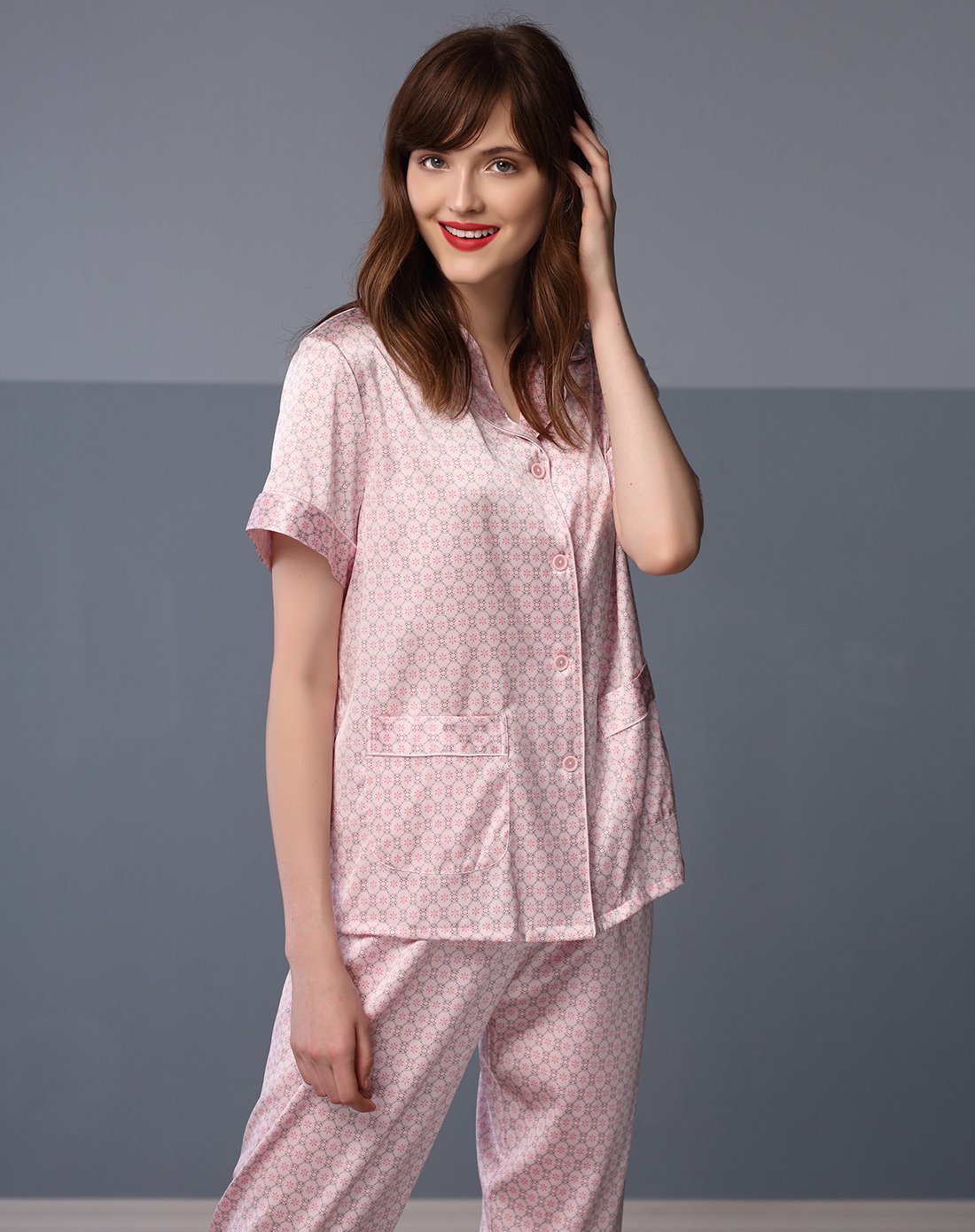 达尔丽真丝睡衣女士睡衣春夏桑蚕丝睡衣印花翻领情侣真丝短袖睡衣家居