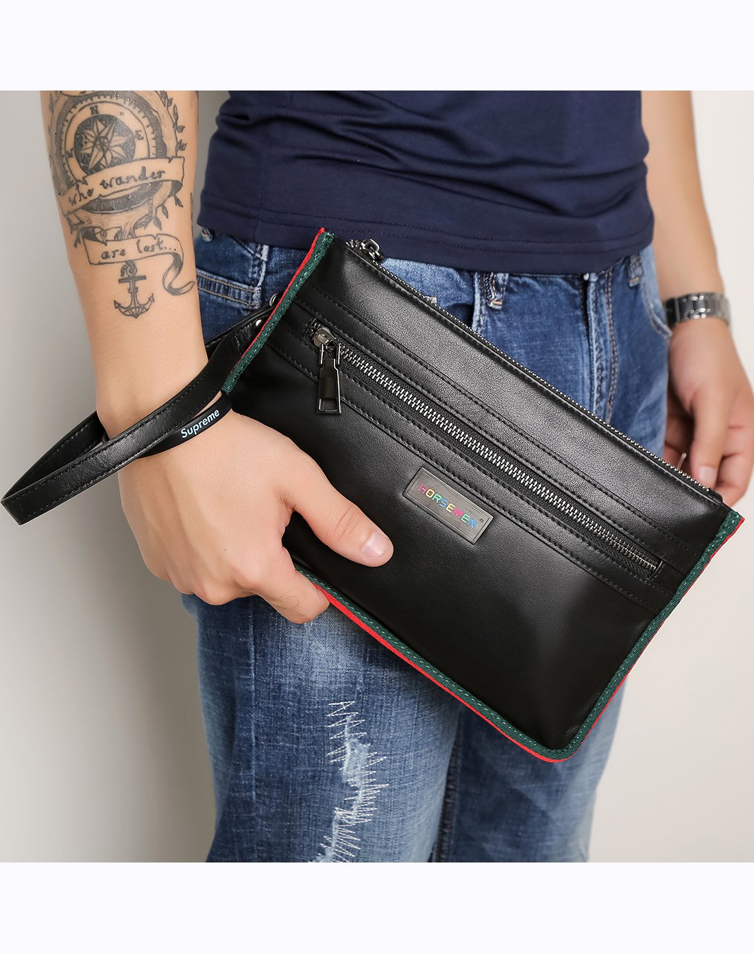 男士手拿包韩版个性新款彩边手抓包超薄大容量夹包