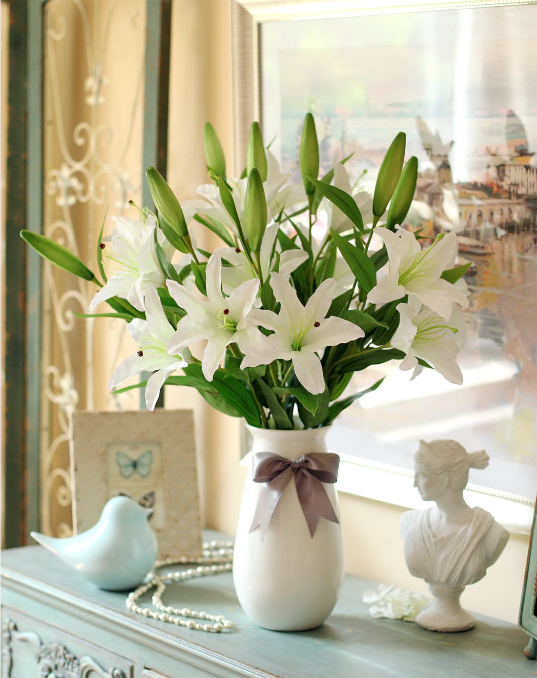 鱼西美屋 美丽的百合花大型仿真花套装 北欧蝴蝶结陶瓷花瓶客厅插花艺
