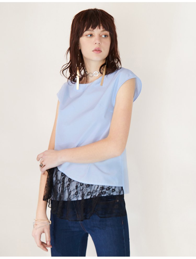 拼接蕾丝府绸落肩袖上衣