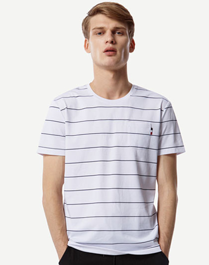 2017新品潮流圆领t恤绣标条纹男装短袖白底蓝条