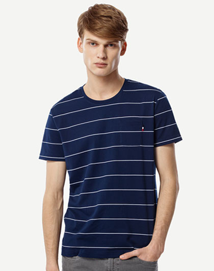 2017新品潮流圆领t恤绣标条纹男装短袖白底蓝条