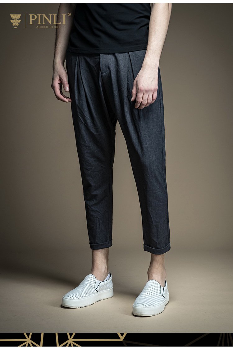 纯色简约抽褶修身男士九分休闲裤