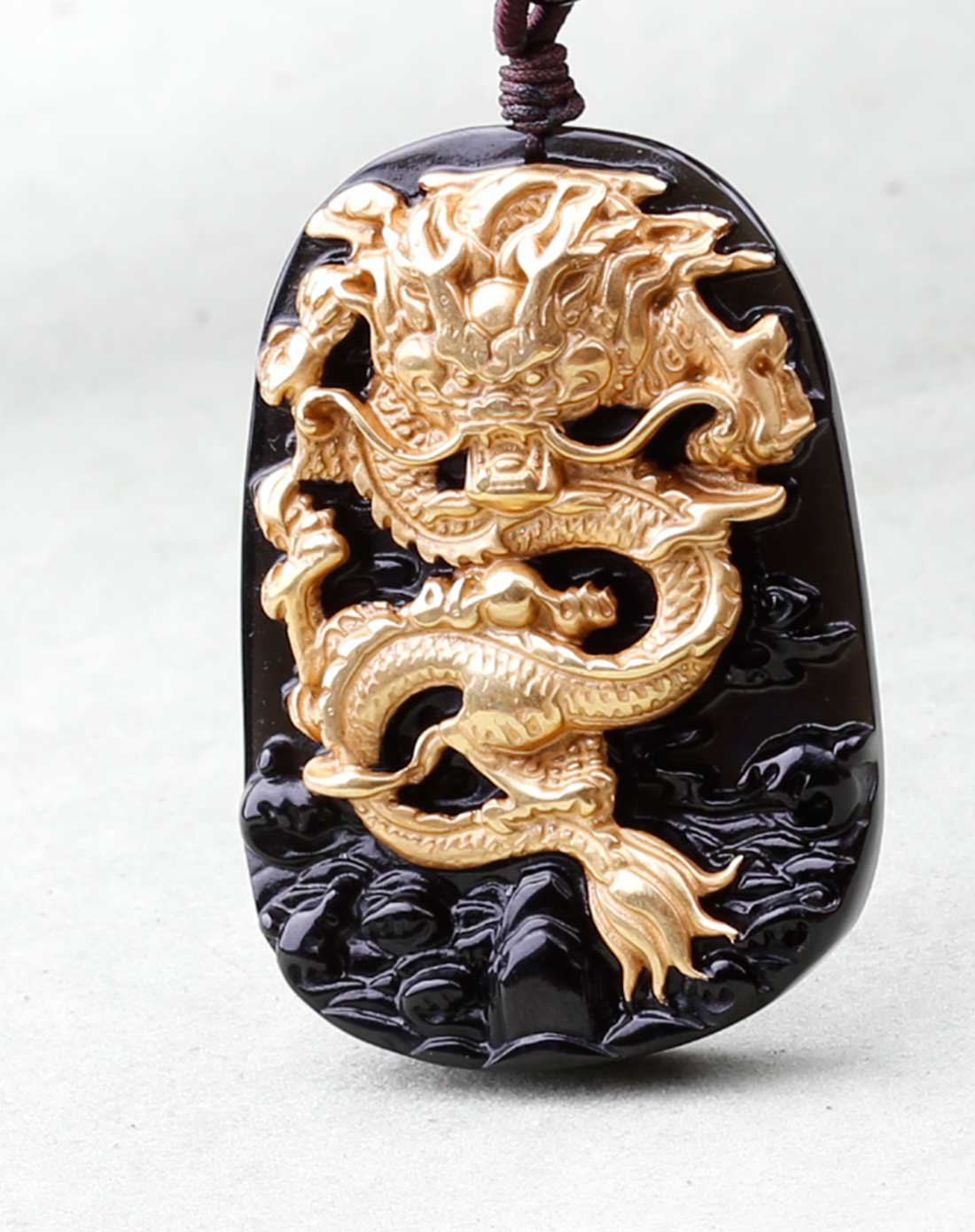 盈满堂 天然黑曜石镀18k金龙牌吊坠龙翔天下