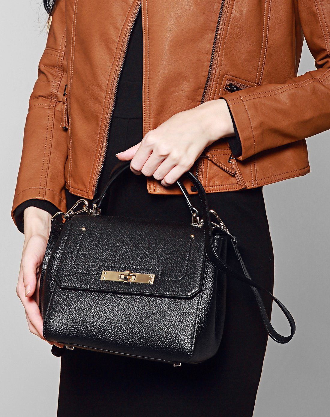 甜美百搭牛皮通勤包女手提单肩斜挎包包