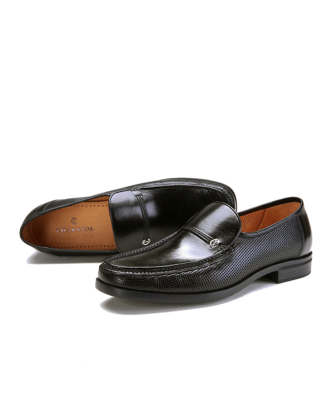 意大利进口 袋鼠皮xl超轻底一脚蹬商务侧冲孔商务鞋黑