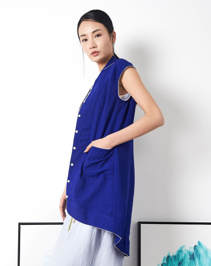 文艺风简约无袖外套群青色