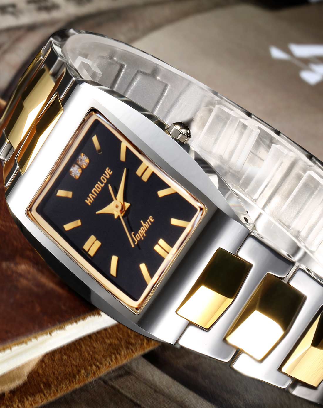 汉爱手表handlove汉爱 经典奢华金边系列梯形防水钨钢女表间金黑面