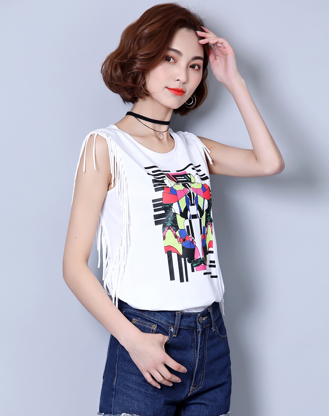 流苏印花休闲无袖t恤白色