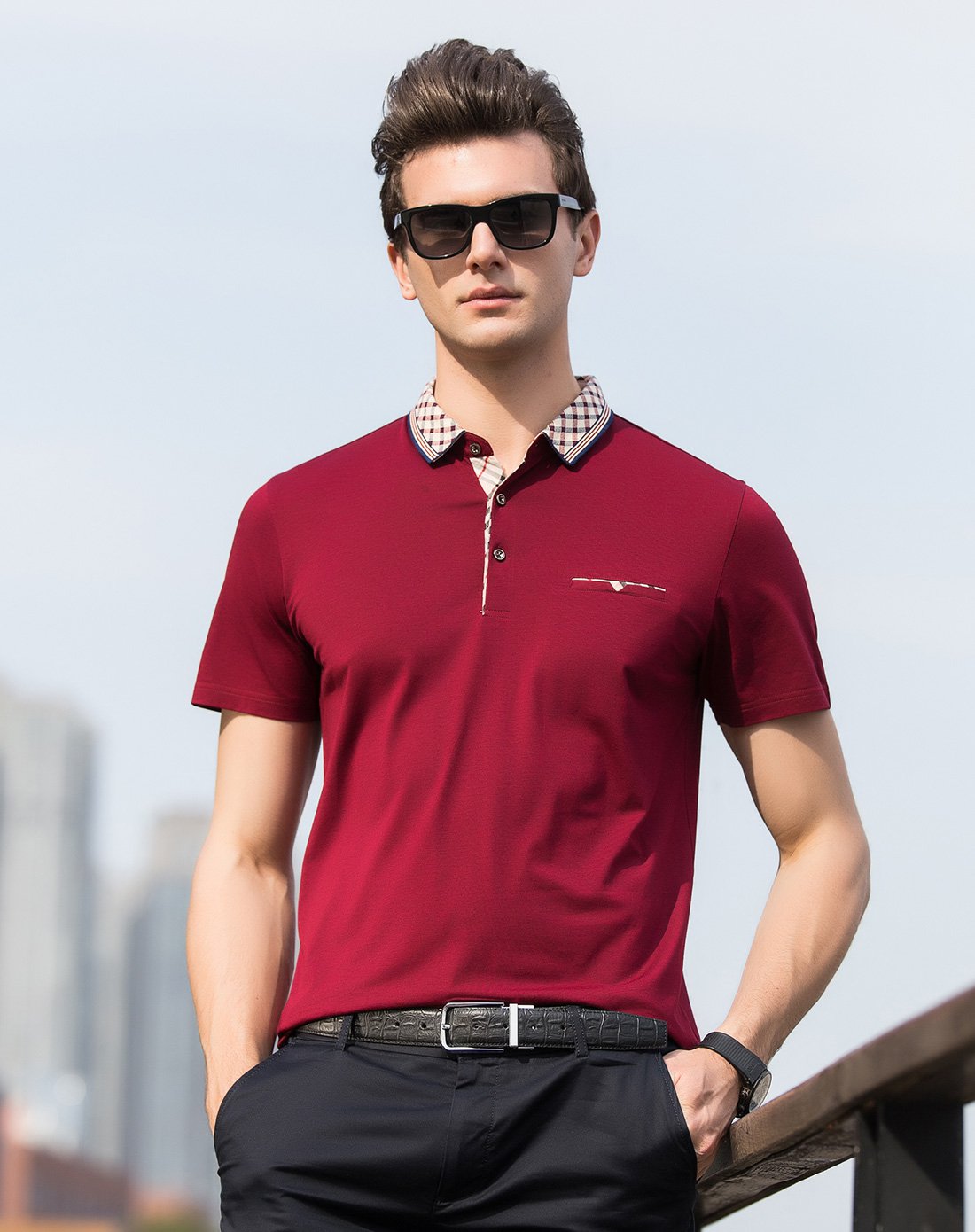 男士商务时尚休闲短袖翻领t恤兰色