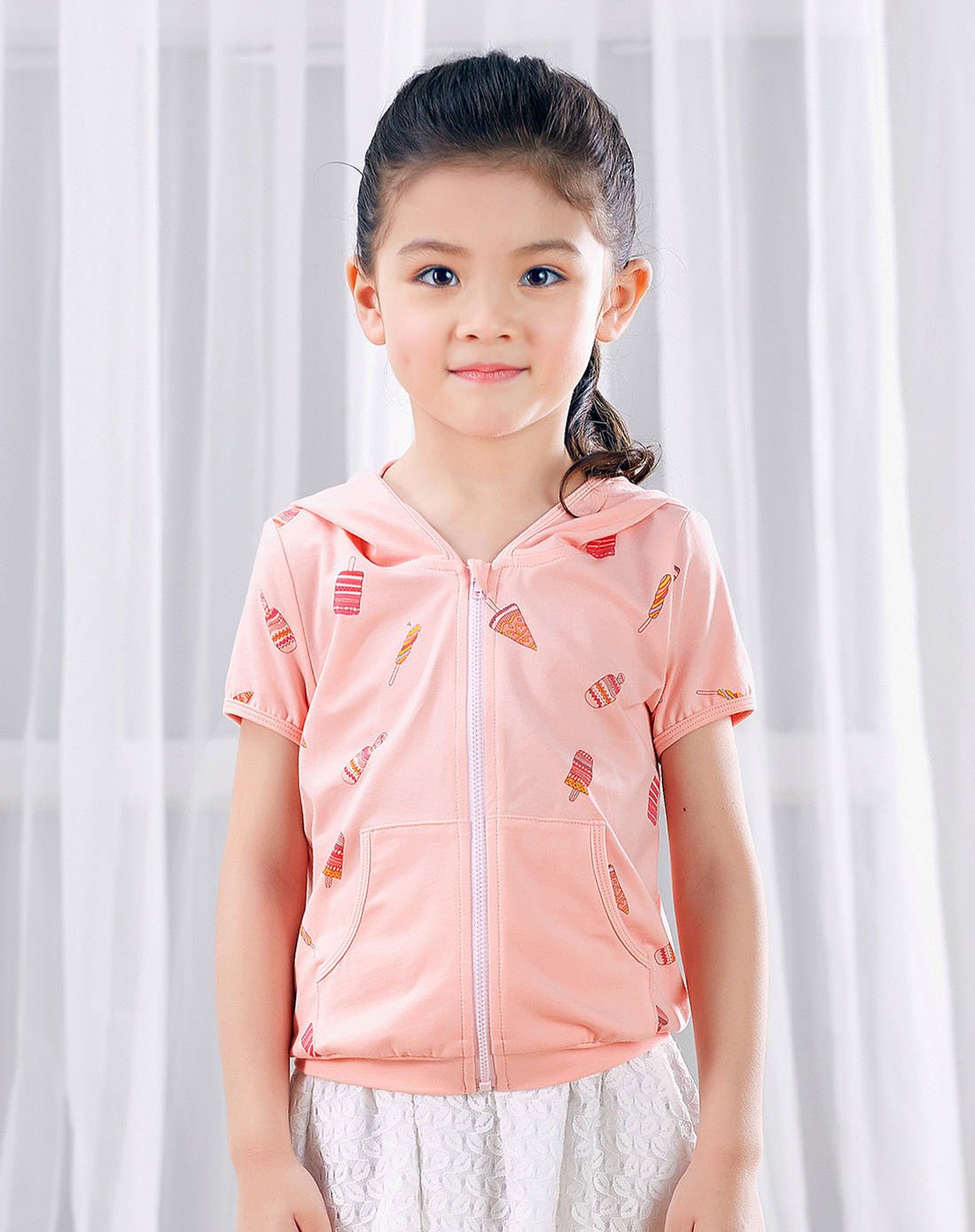 女童印花拉链开襟短袖小外套亮粉色