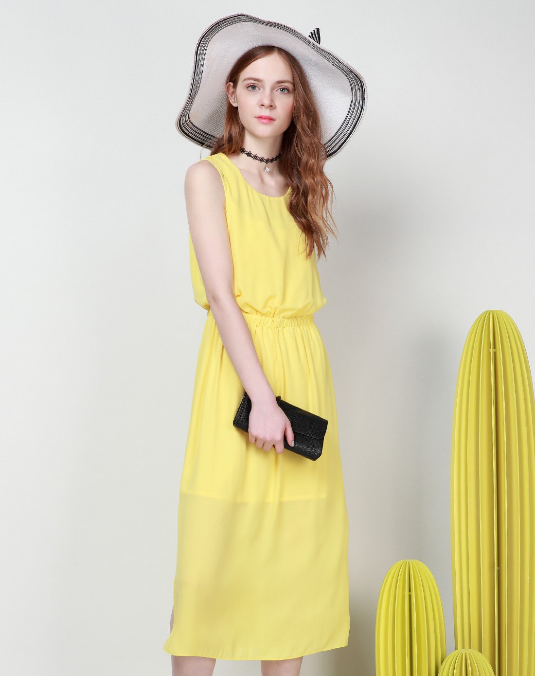 tt.color女装专场 黄色拼接网布收腰连衣裙