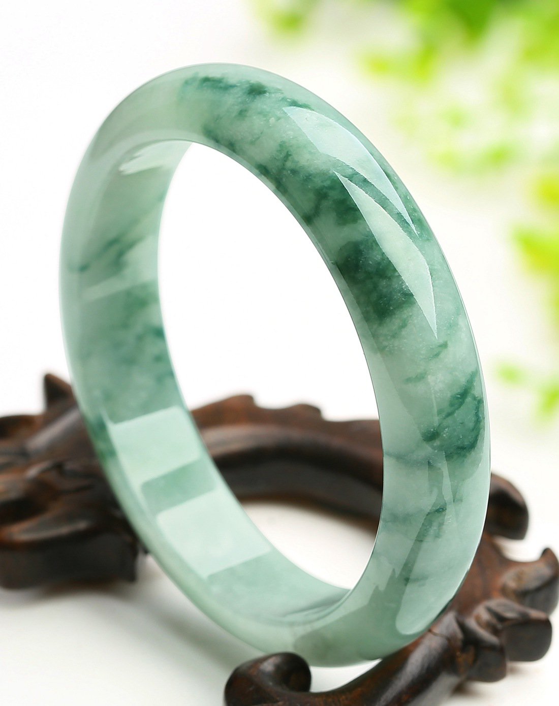 一品翠 天然翡翠a货细豆种水润淡绿飘兰花平安镯