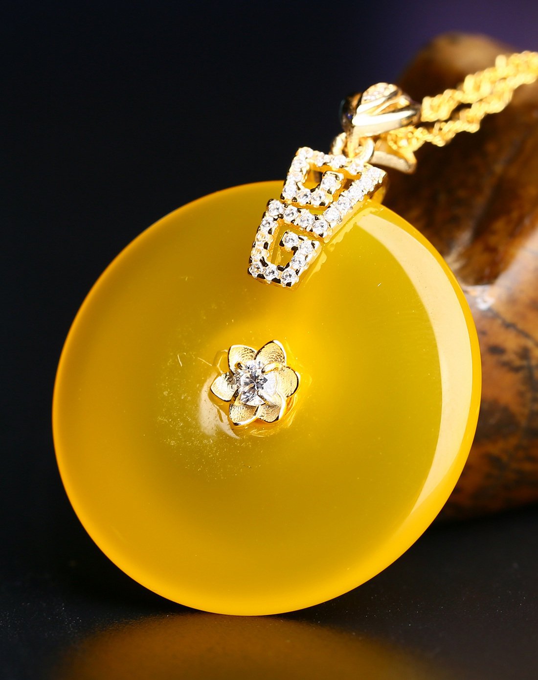 一品翠 天然玉髓豪华金花平安扣吊坠黄色