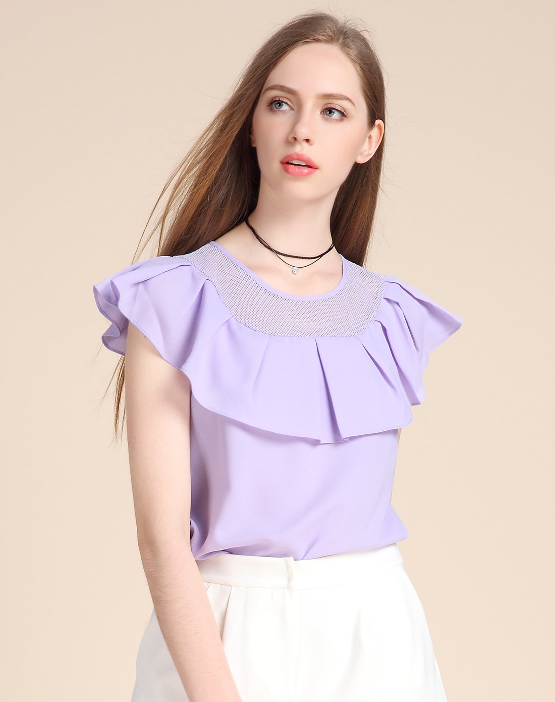圆领小盖袖优雅上衣紫色