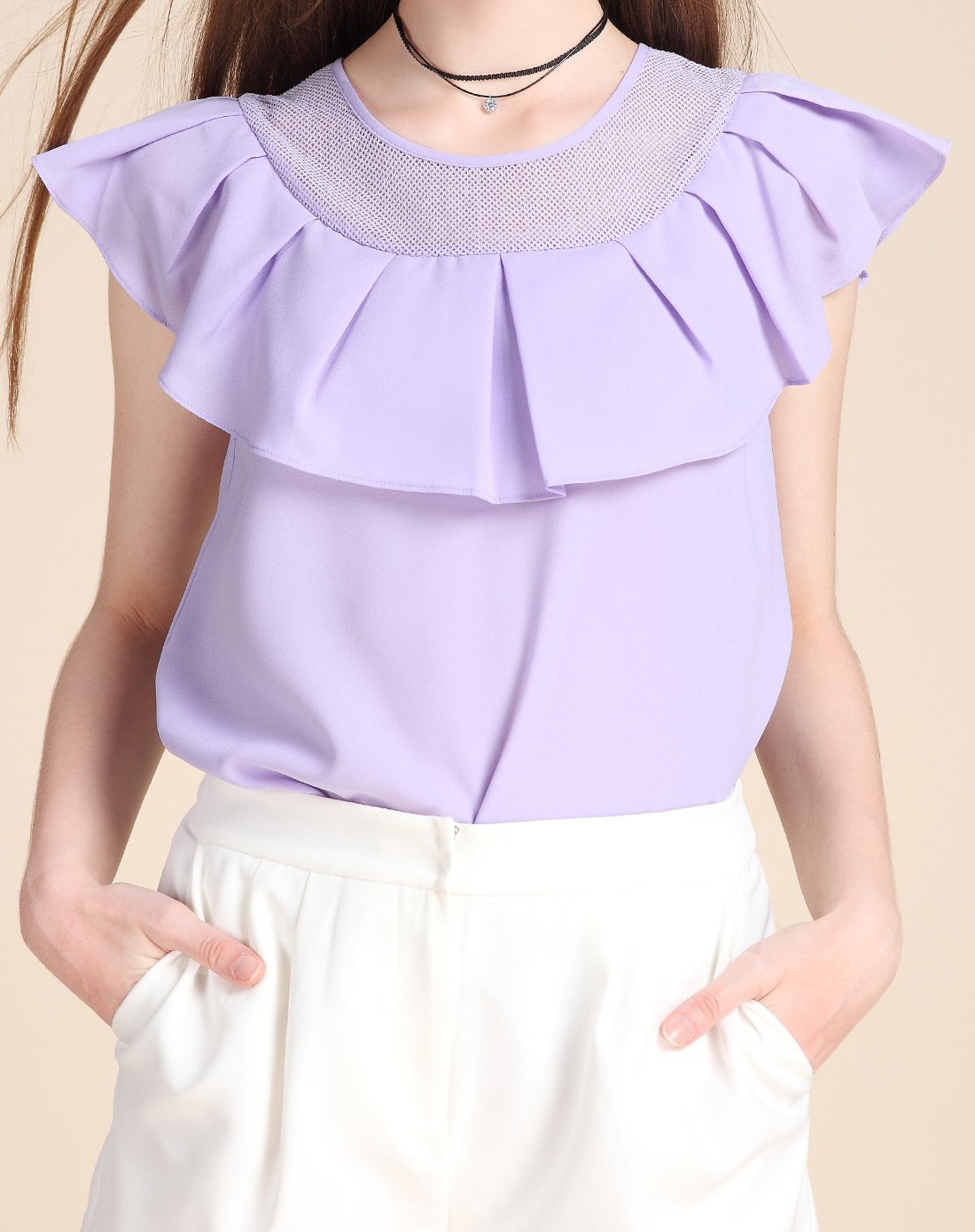 圆领小盖袖优雅上衣紫色