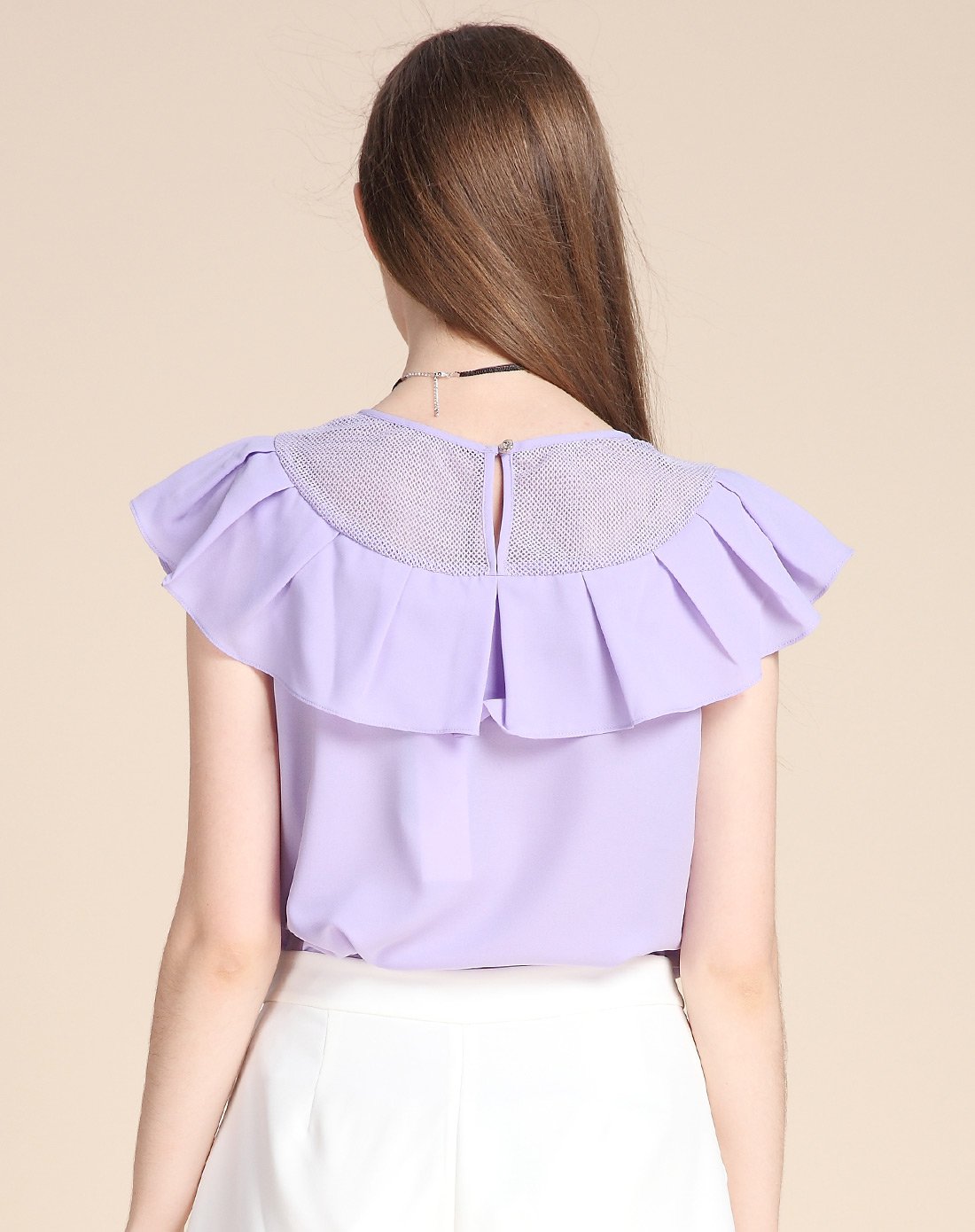 圆领小盖袖优雅上衣紫色