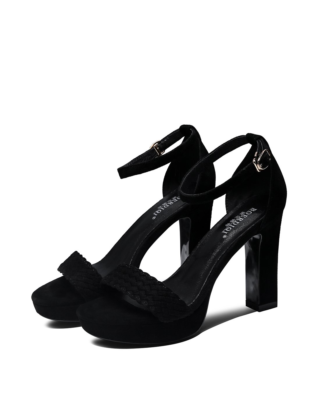 新款羊猄防水台百搭一字带高跟凉鞋黑色