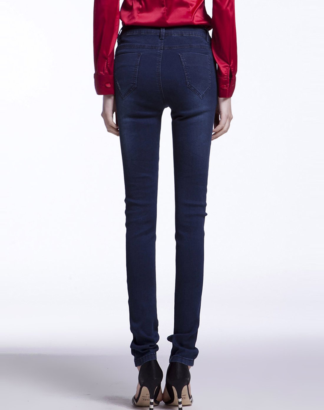 女款深蓝色潮流修身直筒中腰牛仔长裤